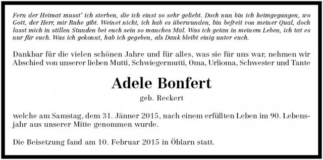 Reckert Adele 1925-2015 Todesanzeige